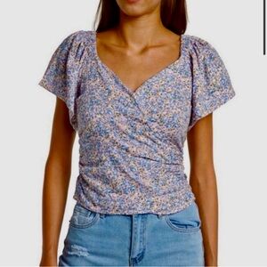 NWT ASTR The Label faux wrap linen blend Pink Blue Ditsy Top size L